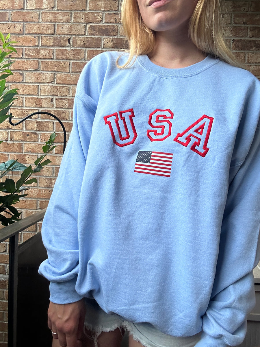 Embroidered USA Flag Crewneck Sweatshirt