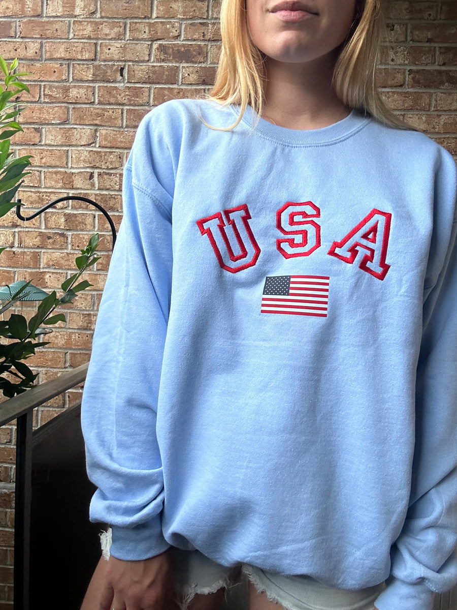Embroidered USA Flag Crewneck Sweatshirt