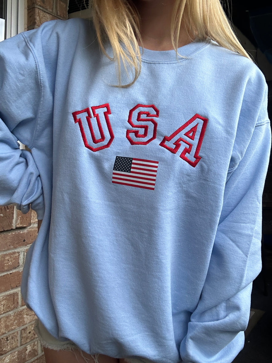 Embroidered USA Flag Crewneck Sweatshirt