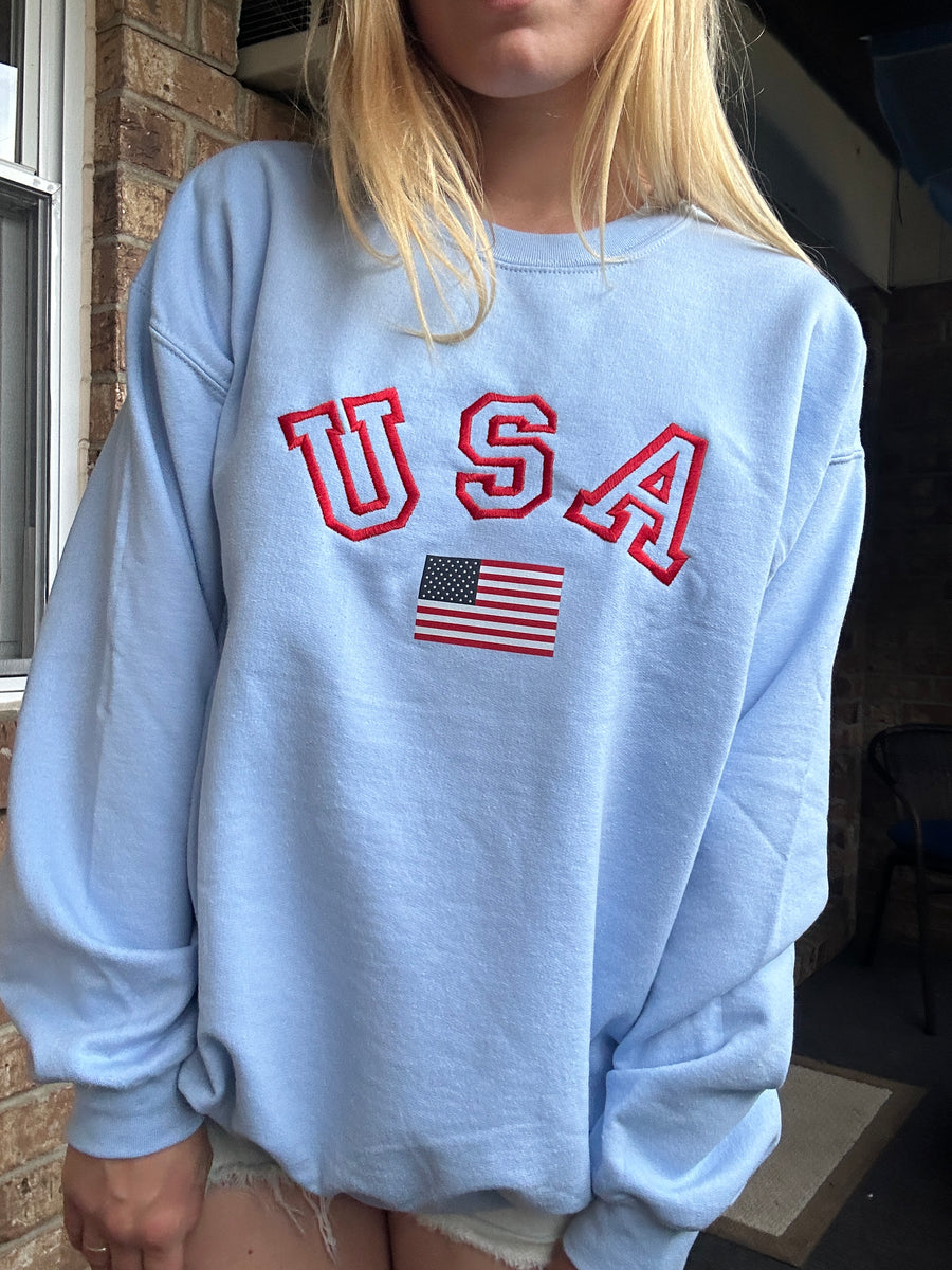 Embroidered USA Flag Crewneck Sweatshirt