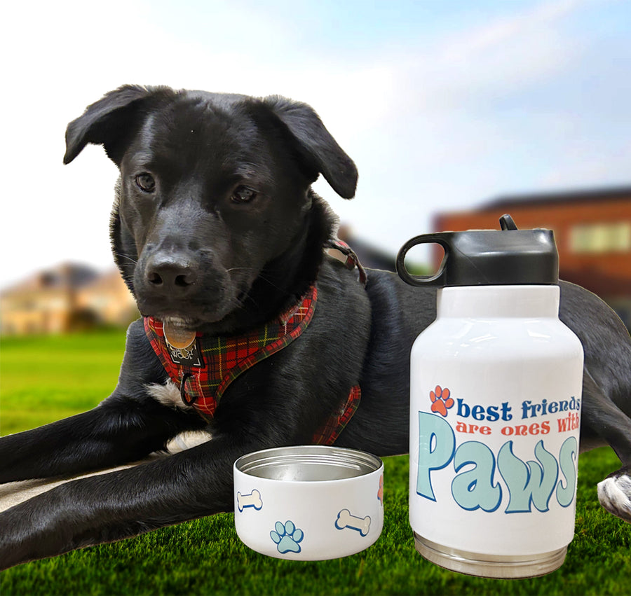 Best Friends are Ones with Paws Trendy Dog Bowl Water Bottle, Stainless Steel, 32 oz. Tumbler with 10 oz. Dog Bowl