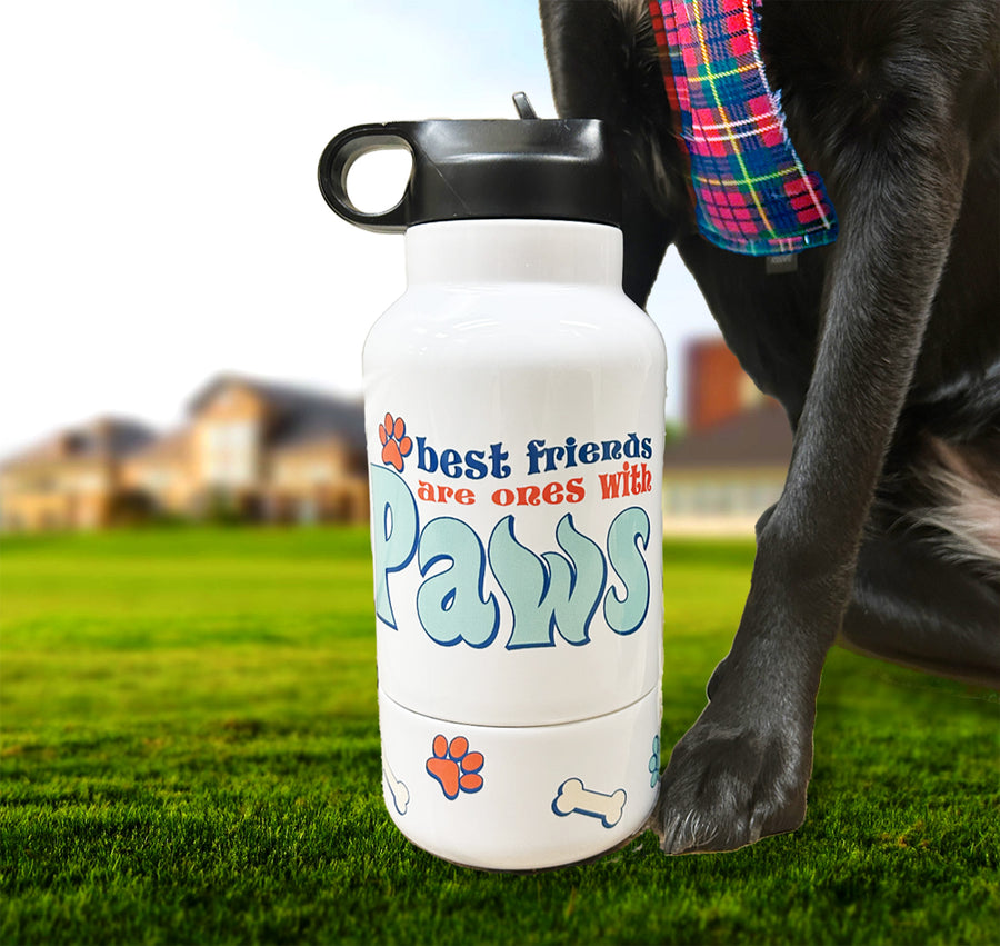 Best Friends are Ones with Paws Trendy Dog Bowl Water Bottle, Stainless Steel, 32 oz. Tumbler with 10 oz. Dog Bowl