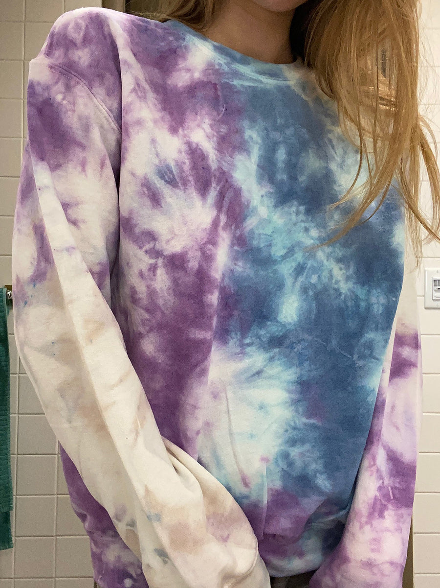 Trendy Blue Purple and Tan Tie Dye Crewneck Sweatshirt