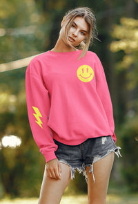 Thumbnail for Lightning Bolt Smiley Face Preppy Crewneck Sweatshirt