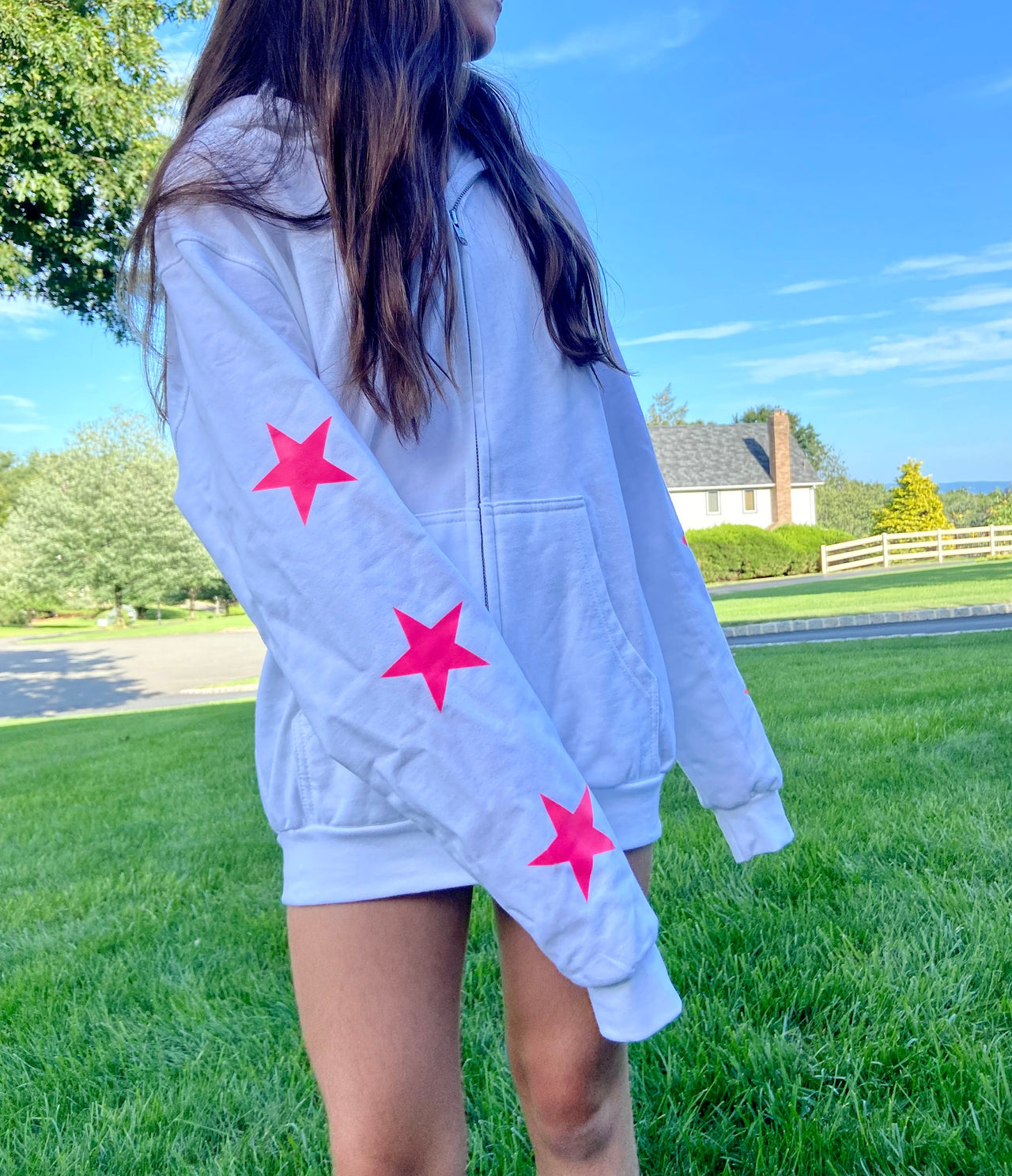 Hot Pink Star Sleeve Zip Up Hoodie